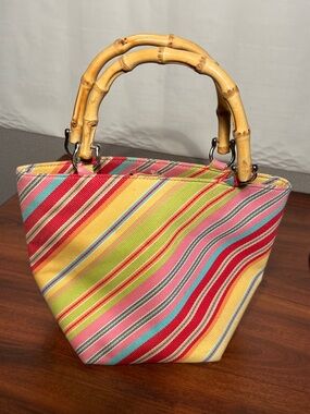 Talbots, rainbow, striped bucket bag, bamboo handles